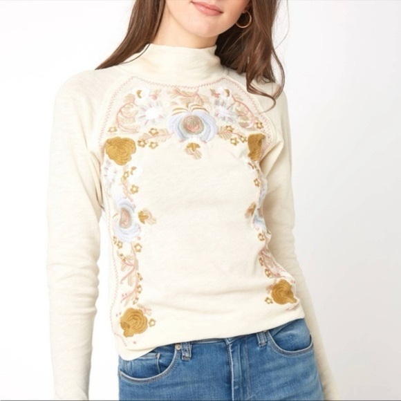 Free People Embroidered Ivory Long Sleeve Tee with Mock Turtleneck. Size XS - Picture 1 of 12